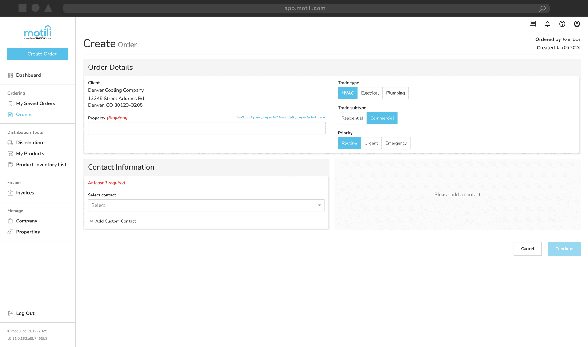 Create Order Screen